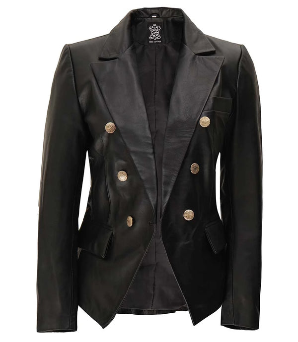 Kim Women's Black Leather Double Breasted Blazer