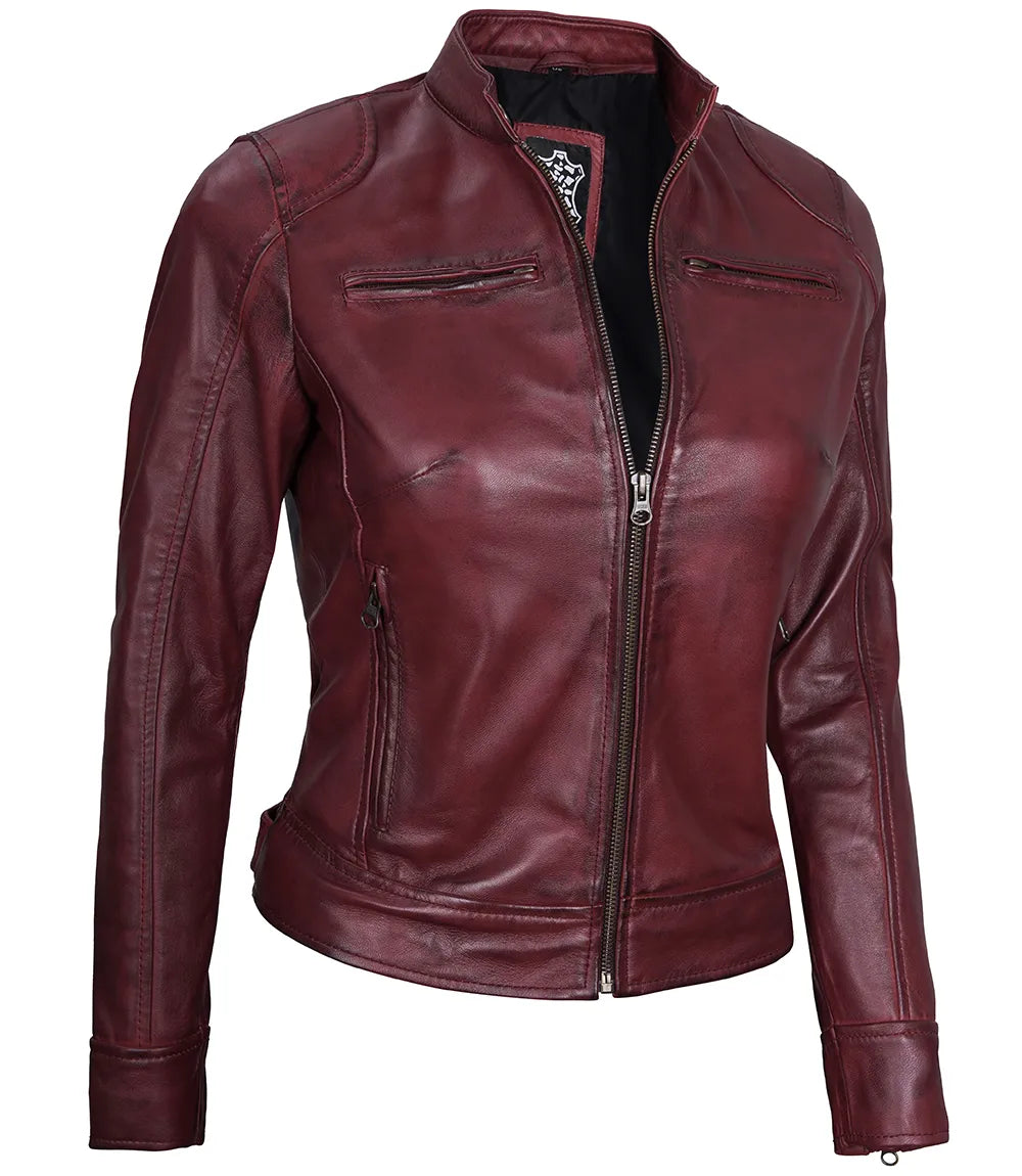 Dodge Women's Maroon Cafe Racer Leather Jacket