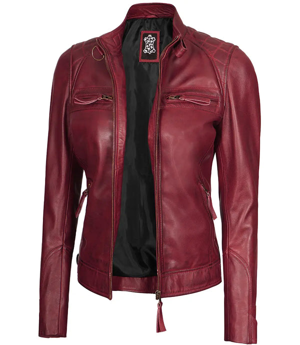 Veste en cuir véritable matelassée marron pour femme Johnson Cafe Racer 