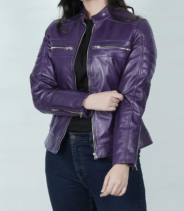 Austin Women's Purple Cafe Racer Leather Jacket