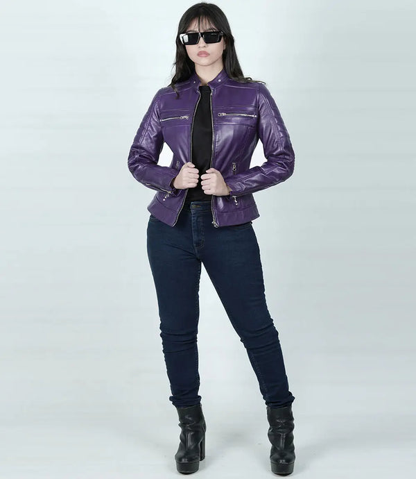 Austin Women's Purple Cafe Racer Leather Jacket