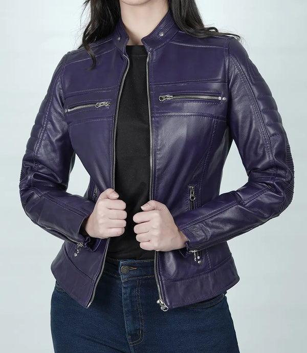 Austin Women's Purple Cafe Racer Leather Jacket