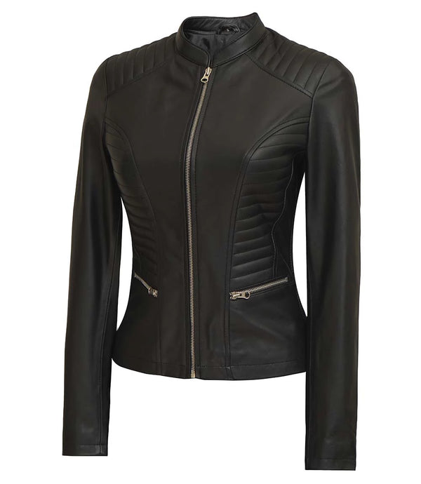 Women's Black Slim Fit Cafe Racer Real Leather Jacket