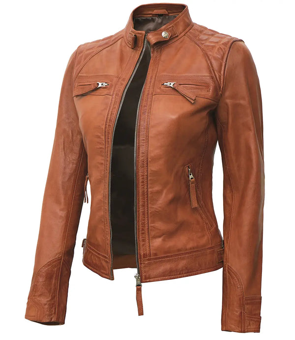 Women's Tan Cafe Racer Real Leather Jacket