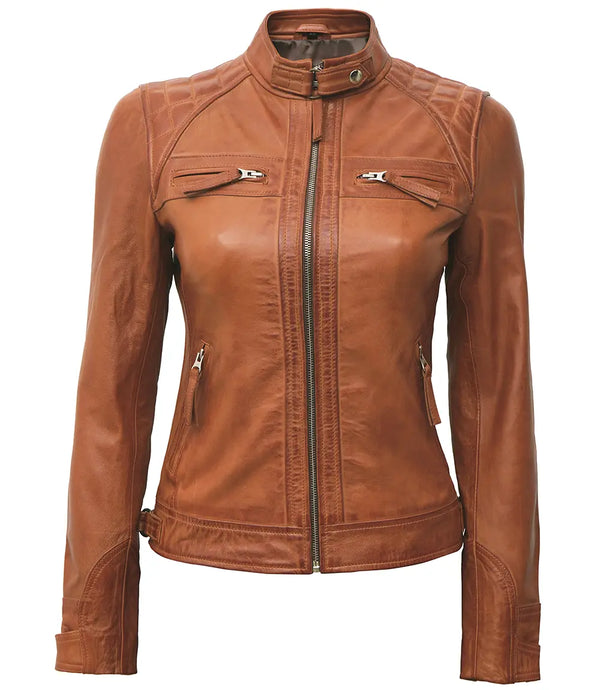 Veste en cuir véritable marron café racer pour femme