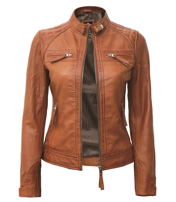 Women's Tan Cafe Racer Real Leather Jacket