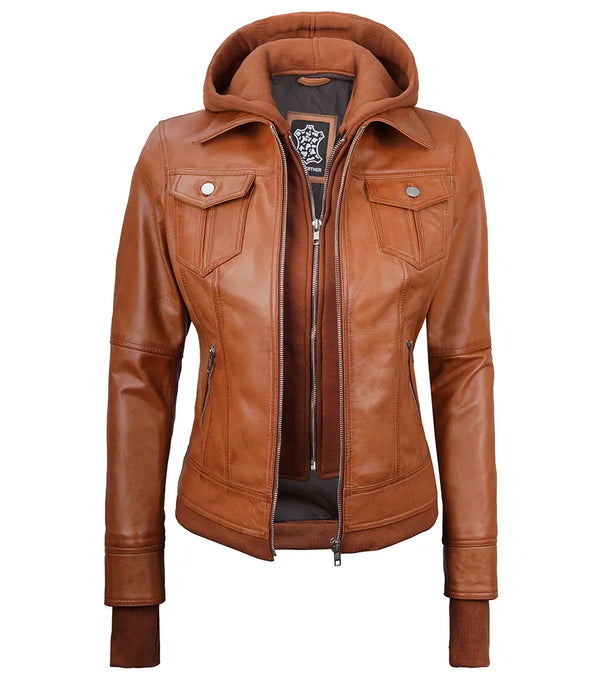 Women's Tan Wax Bomber Real Leather Jacket with Detachable Hood